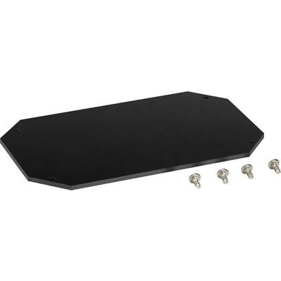 Black rectangular metal plate with bevelled edges, with five screws beside it.