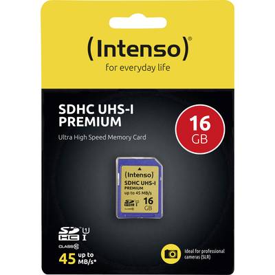 An Intenso SDHC UHS-I Premium memory card with 16 GB capacity and speeds up to 45 MB/s. Suitable for SLR cameras.