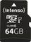 Black Intenso microSD card with 64 GB storage capacity, Class 10, UHS-I, suitable for fast data transfers.