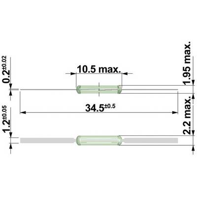 Figure of an electrical component with dimensions: Length 34.5 ±0.5 mm, Thickness 1.95 mm max., Height 1.2 ±0.05 mm.