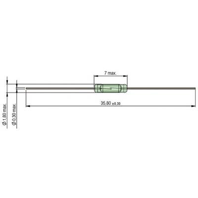 Technical drawing of an electronic component, likely a diode. Dimensions: length 35.6 mm, width 7 mm, wire diameter 0.3 mm.
