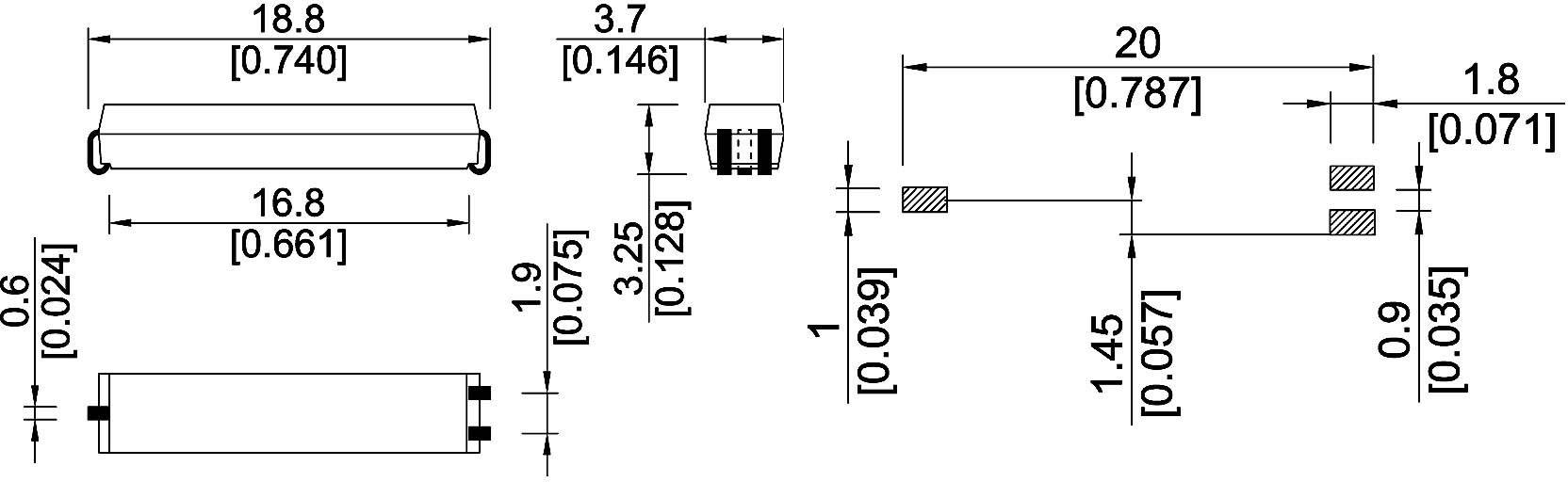 Technical drawing of a rectangular component with dimensions in millimetres and inches, showing length, width, and hole spacing.