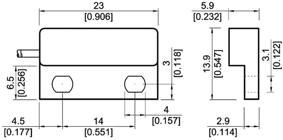 Technical drawing of a rectangular component with dimensions, shown in millimetres and inches: Length 23 mm, Height 6.5 mm.