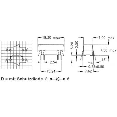 Circuit diagram of a chip with protective diode. Dimensions: 19.30 x 7.00 mm, height 3.20-15.24 mm, pin spacing 2.54 mm, angle 15 degrees.
