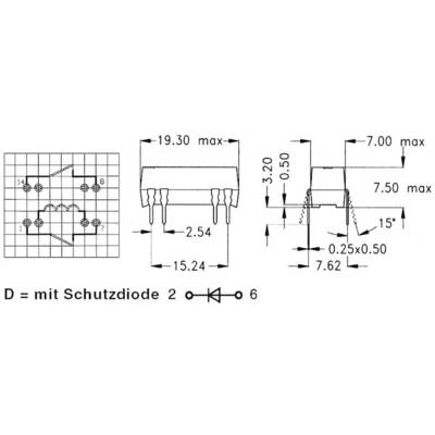 Dimensional drawing of an electronic component with grid measurement, dimensions, and angle specifications. Top: 19.30 max, 7.50 max and other measurements.