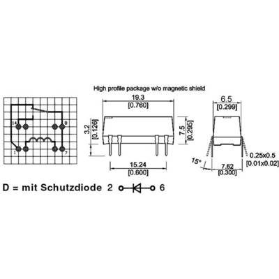 'Dimensions of an electrical component with a protection diode: 15.24 x 7.62 mm, height 7.5 mm. Grid view, front and side view.'