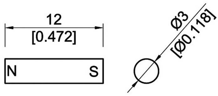 Technical drawing shows a rectangular magnet with poles 'N' and 'S', and a circle with diameter Ø3 [0.118].