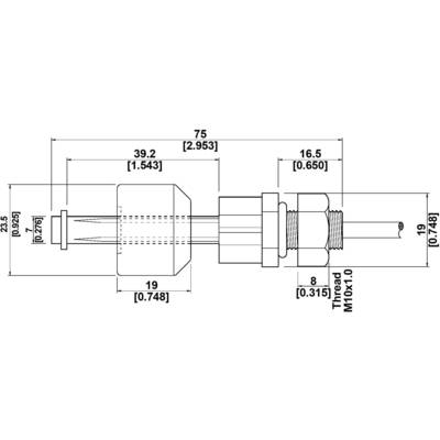 Technical drawing of a metal component with M10x1.0 thread, length 75 mm, and various cross-sectional dimensions in inches and millimetres.