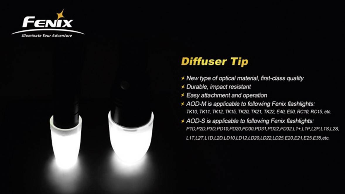 'Fenix Diffuser Tip: New optical materials, durable, easy to use. Compatible with various Fenix torches.'