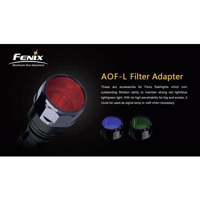 Fenix Torch Filter Adapter with red, blue, and green filters for signalling or warning purposes. Text: 'AOF-L Filter Adapter'.