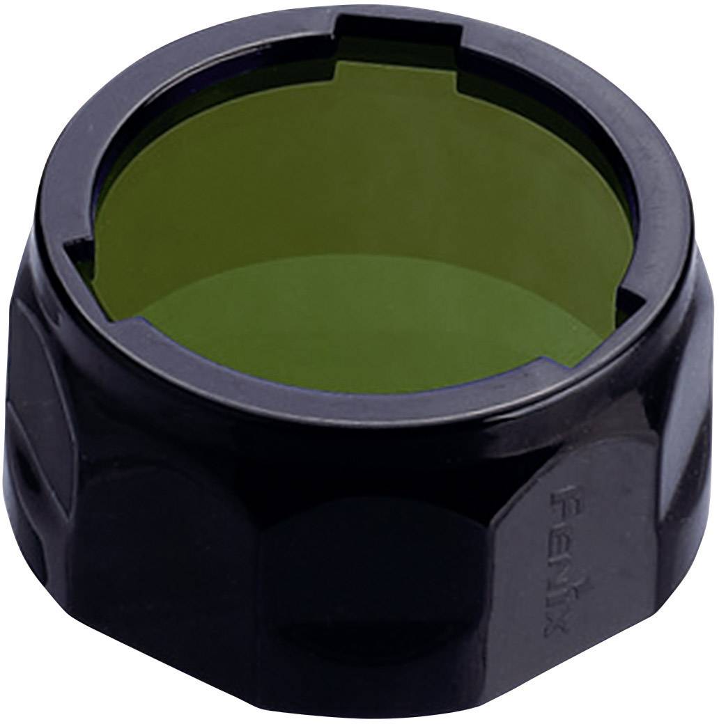 Black Fenix filter attachment with green glass for torches. Enhances night vision and reduces glare.