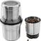 Two stainless steel containers, one with a lid, one open and filled with coffee beans, side by side on a white background.