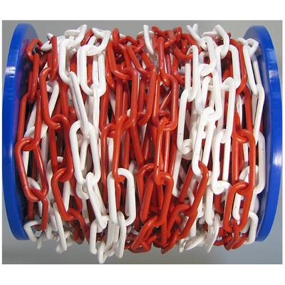 A roll of plastic chain links in blue, red and white, arranged on a blue spool.