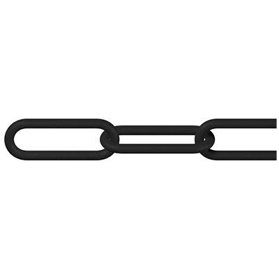 A black metal chain with five links, viewed from the side, on a white background.