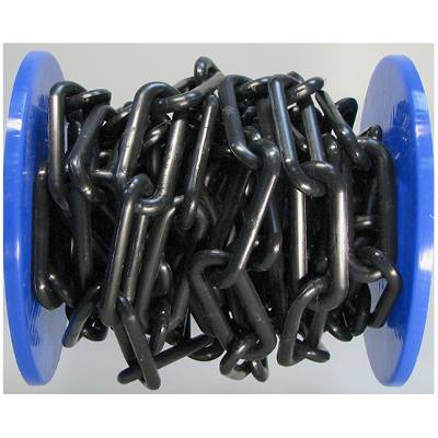 A black metal chain is wound around a blue plastic reel.
