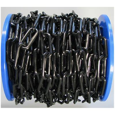 Black chain on a blue spool, showing dense arrangement and industrial application possibilities.