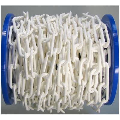 White plastic chain on a blue reel, ready to unwind. Suitable for light barricades or decorative applications.