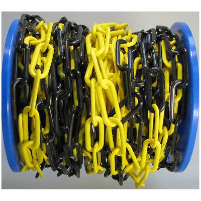 A coil with yellow and black plastic chains is tightly wound around a blue core. It shows no specific purpose.
