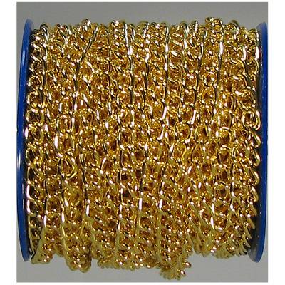 A coil with a shining, golden chain, tightly wound. The chain has a uniform, delicate link design.