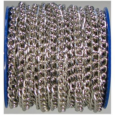 A large spooled wheel made of gleaming, silver metal chain links, tightly coiled.