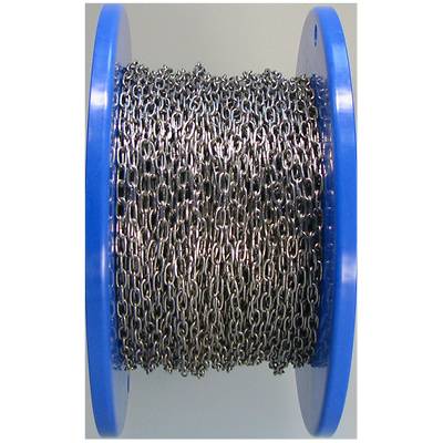 A large reel made of blue plastic, on which a long, silver metal chain is wound. The chain is composed of small, oval links.