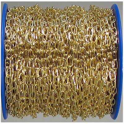 A roll of gold-coloured chain links tightly coiled.