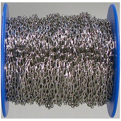 A large reel of silver chains, tightly coiled and ready for processing. The chains gleam metallically and have oval links.