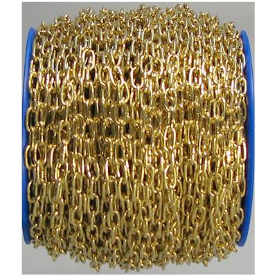 Golden chain links on a spool, wound for jewellery making or decoration.