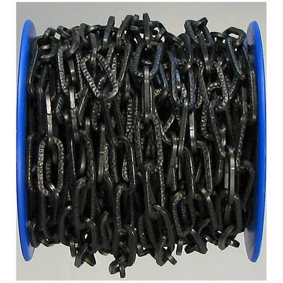 A roll of black iron chain, tightly coiled, ready for use in construction or craft projects.