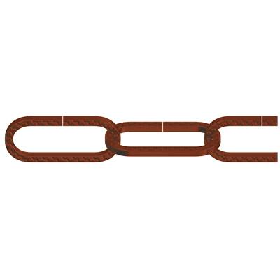 A single, rusty metal chain on a white background, symbolising connection or attachment.