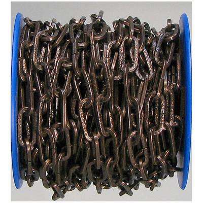A large reel with a dark metal chain, tightly wound, on a blue spool core.
