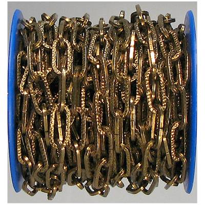A brass chain coil, tightly wound, against a grey background. The chain has oval links with a gleaming surface.