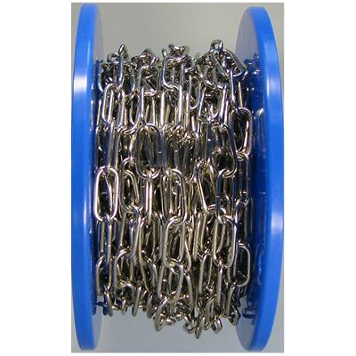 A coil with silver metal chains, wound between two blue ends. The chain comprises many interconnected links.