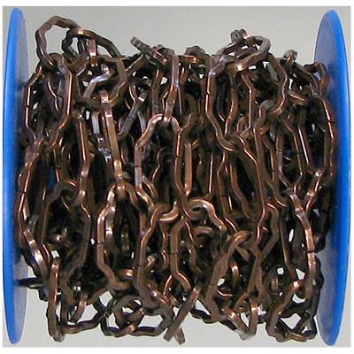 A reel with a rusty metal chain. The chain is tightly wound on the blue spool and consists of many interlocking links.