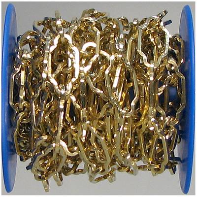 A metal chain in a large quantity is wound around a blue reel. The chain appears to be gold-coloured.