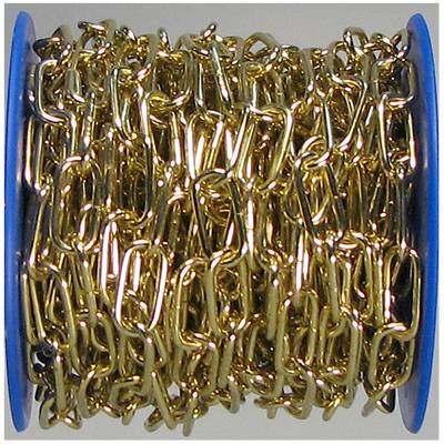 A large reel with a gold-coloured chain, tightly wound and partly chaotic, on a blue plastic core.