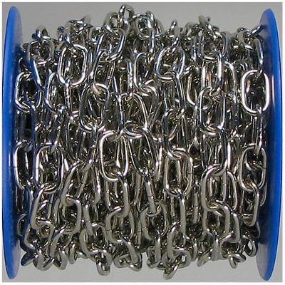 A large reel with a tightly woven metal chain rolled up. The chain is composed of oval, silver-coloured links.