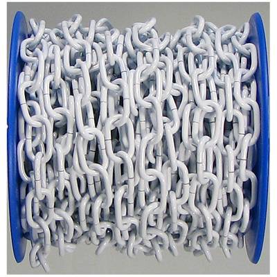 A large reel with a white chain on blue spool ends, tightly wound, against a neutral background.