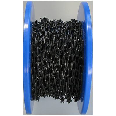 Black metal chain on blue reel.