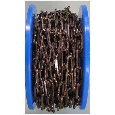 A reel with a coiled metal chain between two blue discs.