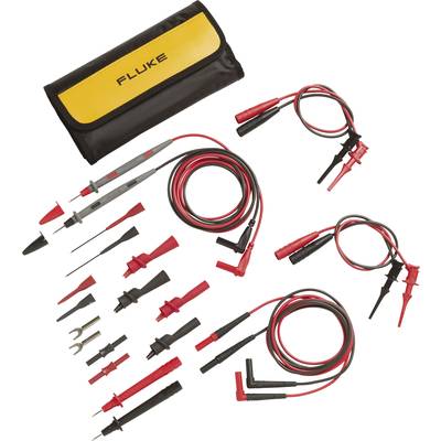 Electronic test cable set with red and black cables, various attachments, and a yellow bag with a black logo.