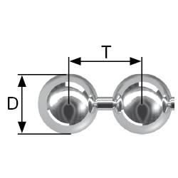 Technical drawing of a ball chain: shows two balls with diameter D and spacing T.