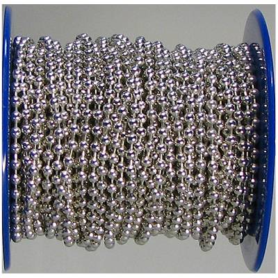 A reel with a silver ball chain band, tightly wound on a blue spool.
