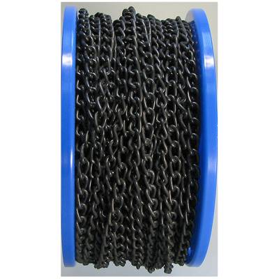 A large blue reel with a black chain wound around it.