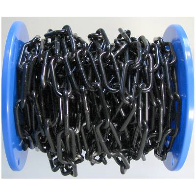 Black metal chain wound around a blue plastic reel.