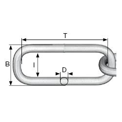 Diagram shows chain link with dimensions for length (T), width (B), inner diameter (I) and wire diameter (D).