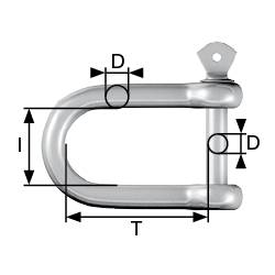 'Technical drawing of a D-shackle with dimensional specifications D, I, and T, representing the dimensions of the shackle bow and pin.'