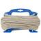 A blue-handled tool is holding a coiled beige rope reel.