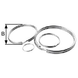 Several silver metal rings of different sizes are lying on a surface. On the left, a measurement arrow is labelled 'B'.