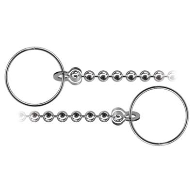 Two silver key rings with ball chains, lying side by side.
